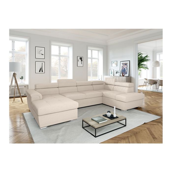 Canapé panoramique 6 places PAOLA convertible avec 2 coffres en velours côtelé - Beige - L320 5 x P188 x H76cm - LOUNGITUDE Canapé panoramique 6 places PAOLA convertible avec 2 coffres en velours côtelé - Beige - L320 5 x P188 x H76cm - LOUNGITUDE