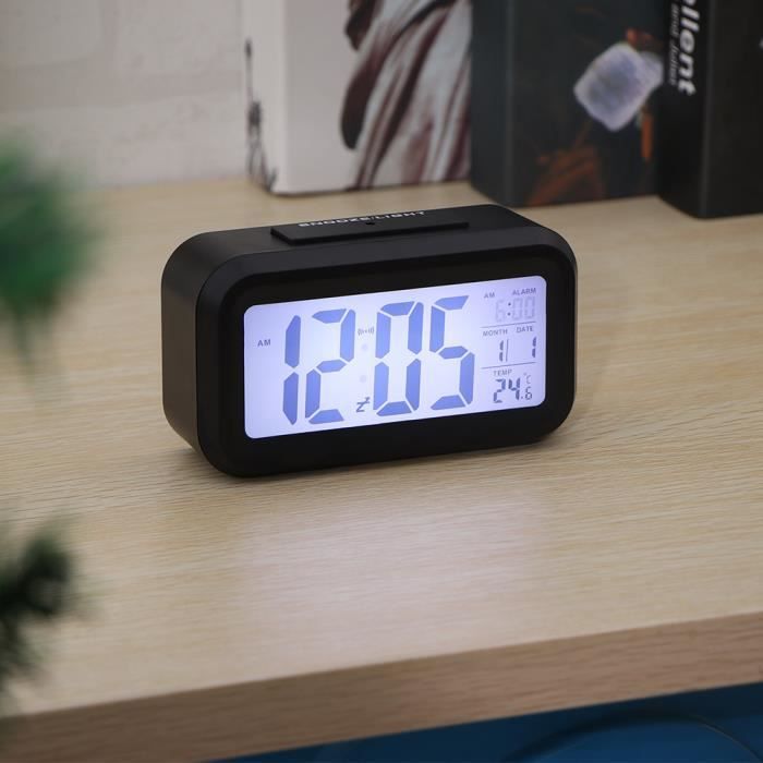 LIVOO R/éveil num/érique en Bois Fonction r/éveil Affichage de la temp/érature Affichage de la Date c/âble USB, Horloge de Table, Fonctionnement sur Piles, Mode de Commande sonore, Noir