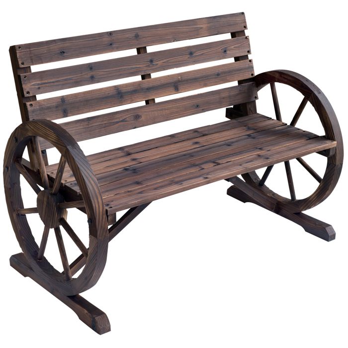 Banc de jardin 3 places style rustique chic accoudoirs roues charette bois sapin traité carbonisation