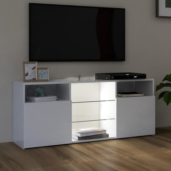 Meuble TV Moderne Blanc avec LED Lumineuse - Etagère en verre 2
