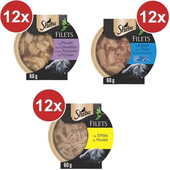 Comparer les prix de SHEBA 36 Filets Les Effilés chat adulte Poulet+Poulet Thon+Poulet Crevettes 60g