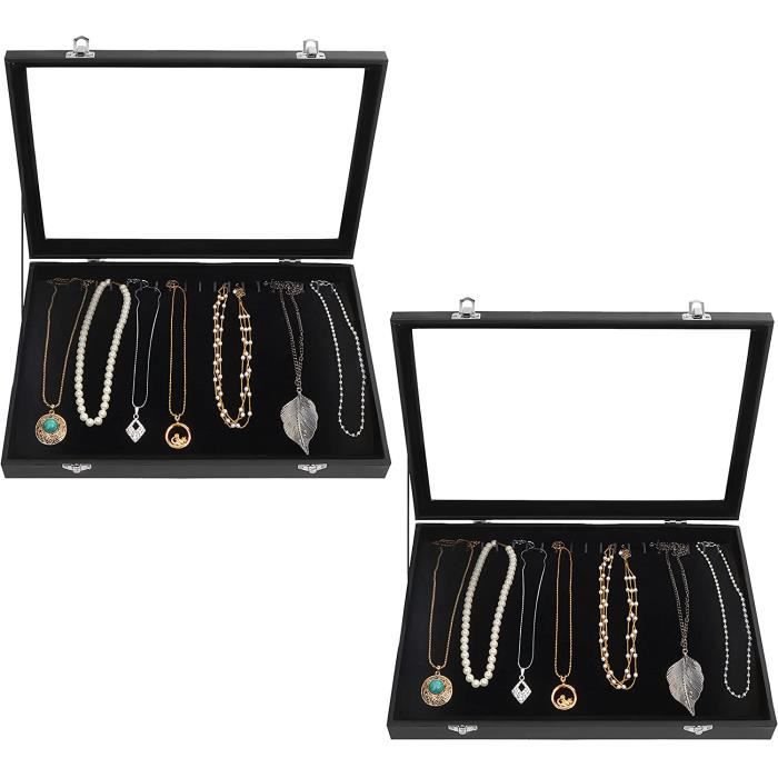 Kurtzy Boite a Bijoux en Velours Noir avec 20 Crochets et Couvercle en Verre - Boîte à Bijoux Empilable pour Colliers, Bracelets, Boucles d'Oreilles et Bracelets de Cheville