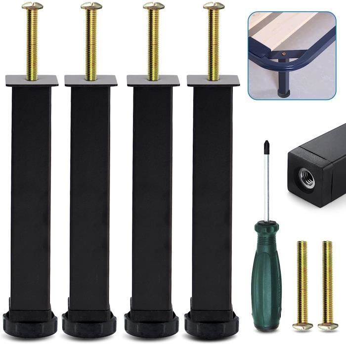 4 Pieds Réglables Pour Sommier, Lit, Canapé, Meuble - Hauteur Ajustable 20 Mm - Support Jusqu'à 100 Kg Par Pied - Noir