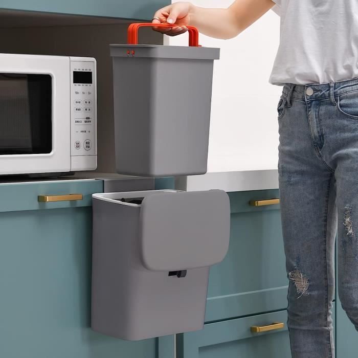 Poubelle Murale 9L Avec Couvercle - Fixation Sans Perçage - Pour Porte D'armoire De Cuisine