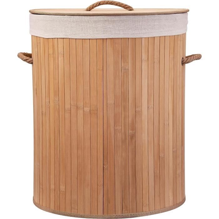 Panier à Linge En Bambou Avec Couvercle Et Sac Amovible - 80 Litres - Rangement Salon Ou Salle De Bain - Design Naturel