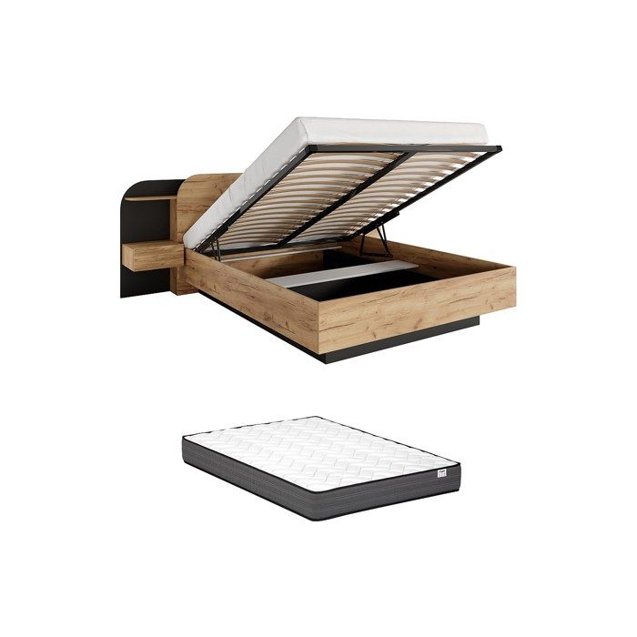 Lit coffre avec chevets 160 x 200 cm - Avec LEDs - Coloris : Naturel et noir + Matelas - JUVISIA
