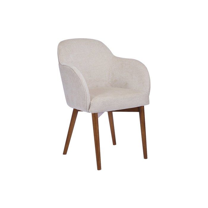 Chaise avec accoudoirs en tissu texturé et bois dhévéa - Crème - MODINIA
