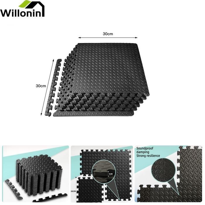 Tapis de sol en mousse Willonin - Lot de 16 Tapis Puzzle de Fitness 1.44 M² - Noir - 30x30cm