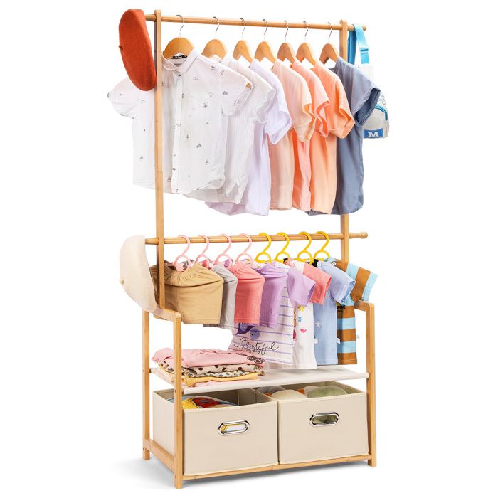 YORBAY Porte-manteau pour Enfants Portant à Vêtement Penderie avec 2 Boîtes de Rangement en Bambou 74 x 35 x 140 cm