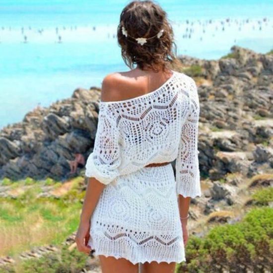 Acheter Tunique en dentelle blanche Robe de Plage femmes Sexy dos ouvert  Crochet pure Robe Plage été Bikini de Plage maillot de bain couvrir