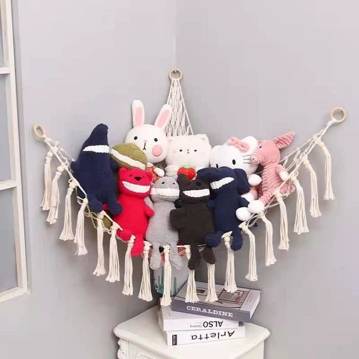 Hamac Rangement Chambre IKeelo Hamac Rangement Peluches - Macramé - 142x104cm - Organisateur Suspendu Enfant - Capacité 20-25 Peluches Solution Rangement Doudous