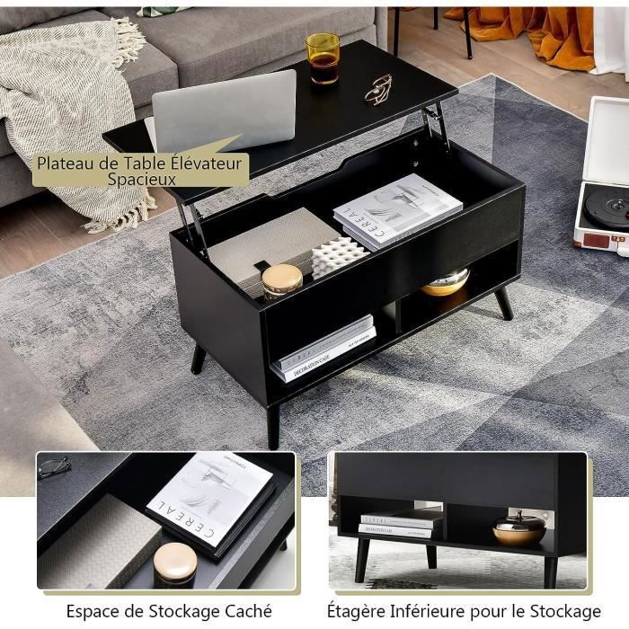 Table Basse Relevable DREAMADE - Plateau Modulable, Rangement Cache - Marron Clair