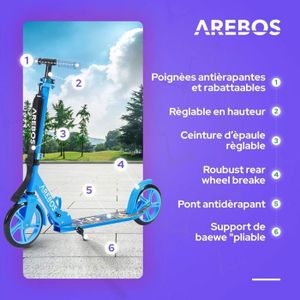 Trottinette Arebos Street-style – Roues LED, Suspension Avant, Porte-bouteille, Sonnette, Pliable, Charge 100kg, Hauteur Réglable