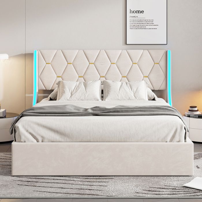 Zepneiy Lit 140x200 Avec Sommier LED Et USB, Coffre Avec 2