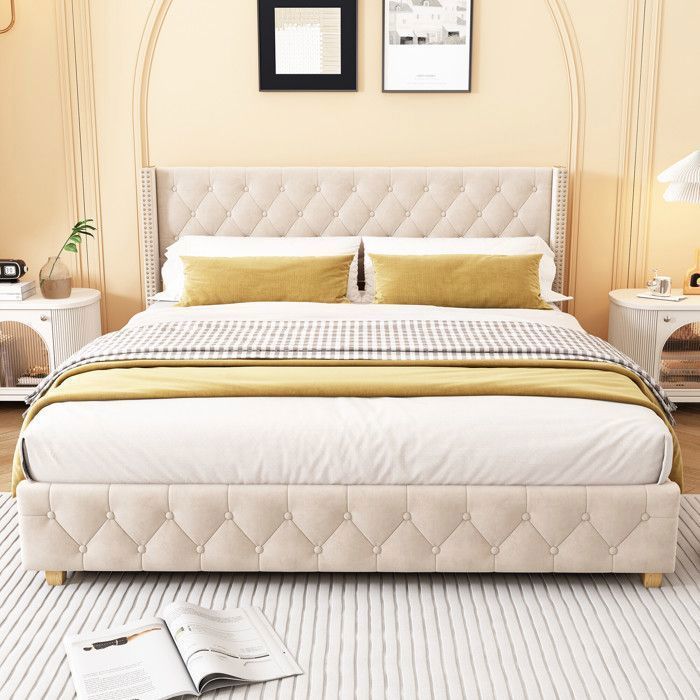 Lit double coffre capitonné 180x200 cm en PU avec LED - blanc