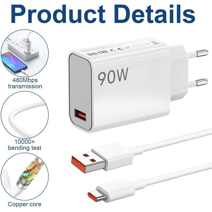 90W Chargeur Rapide Pour Redmi Note 14 13 12 11 Pro 14C,Chargeur