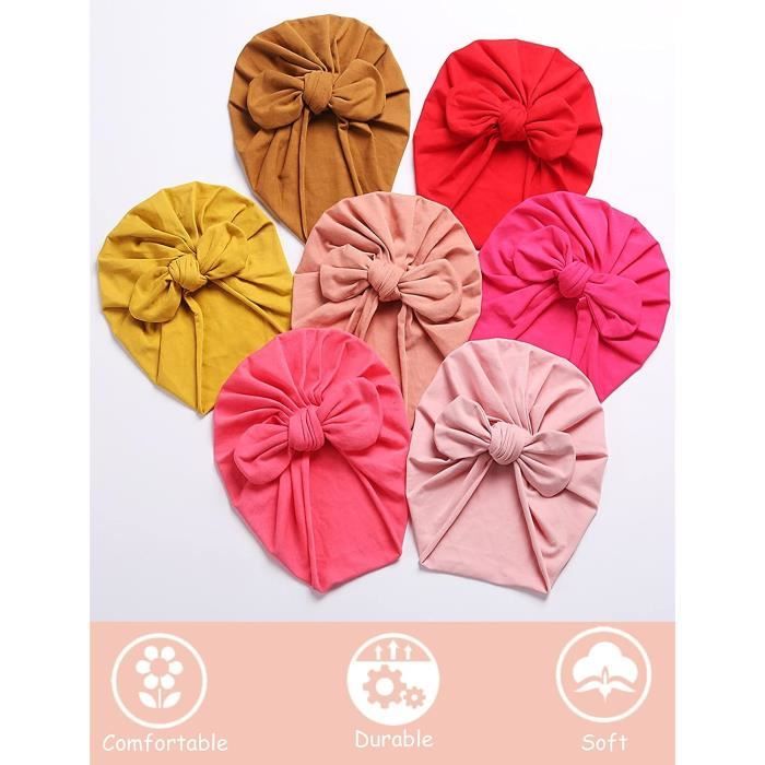 5 Bonnets Turban Bébé - Coton Élastique - Nœud Papillon - Pour Fille Et Garçon 3-36 Mois