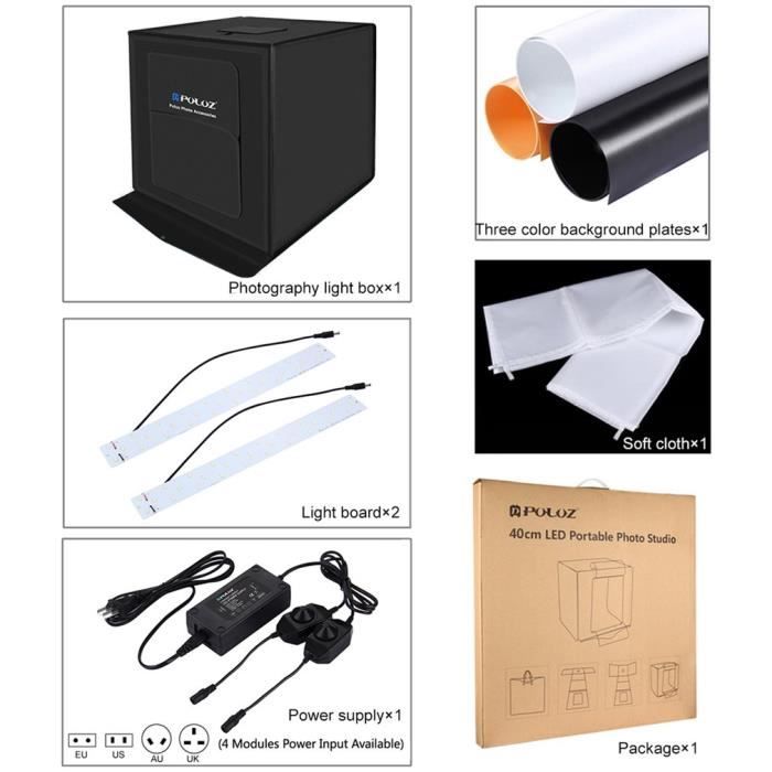 Boîte à Lumière Photo PULUZ 40cm - Studio Portable Avec 6 Fonds Et 2 Lumières LED