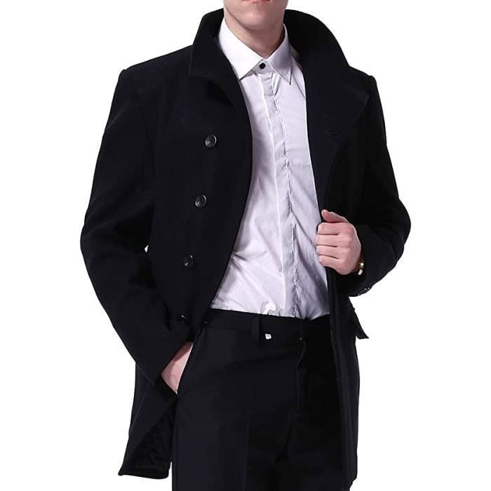 Manteau Homme Hiver Mi Long Trench Coat en Laine Allthemen Couleur Noir Coupe Vent