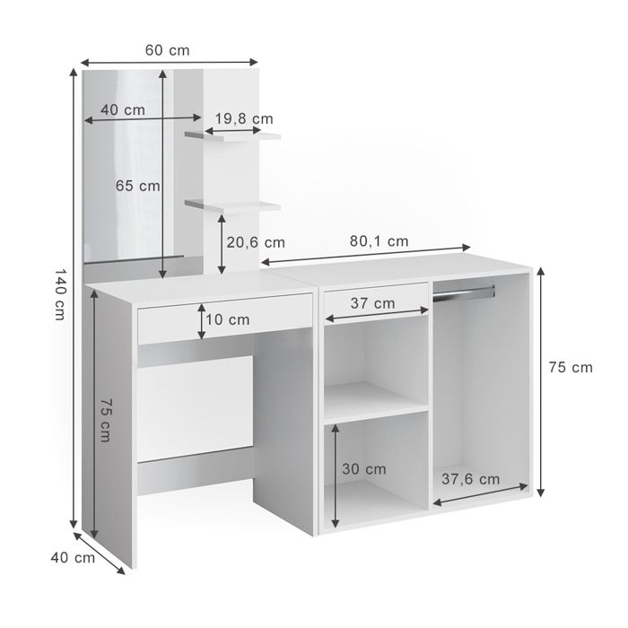 Vicco Coiffeuse Isabelle avec LED, tabouret et armoire