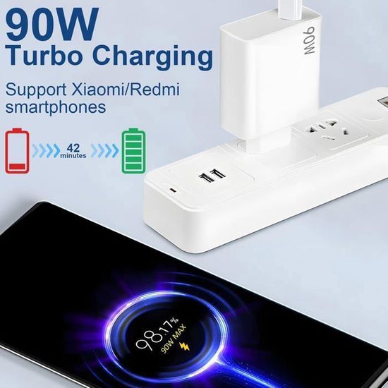 Chargeur Rapide 90W Pour Xiaomi/POCO/Redmi - Avec Câble USB-C 6A 1m - Compatible Nombreux Modèles