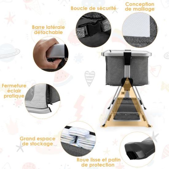 Lit Cododo Bébé COSTWAY Avec Matelas - 7 Hauteurs Réglables (71-82,5cm), Barrière Amovible Et Inclinable à 10° - Idéal 0-6 Mois