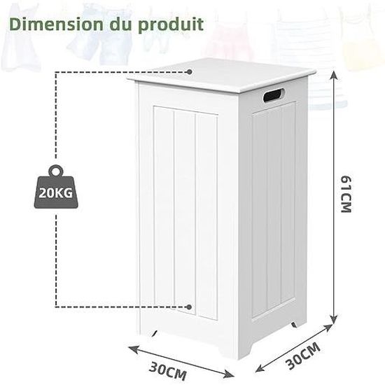 Panier à Linge Sale 130L Avec Roulettes Et Couvercle Bois - Sac Amovible 2 Compartiments - Blanc 68x34x67cm