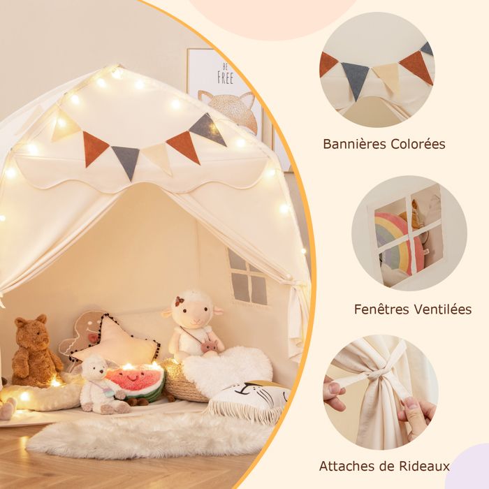 GOPLUS Grande Tente Tipi Enfant Intérieur/extérieur, 157x98x148 Cm, Avec Lumières, Drapeaux, 2 Portes Et Fenêtres - Lavable En Machine - Dès 3 Ans