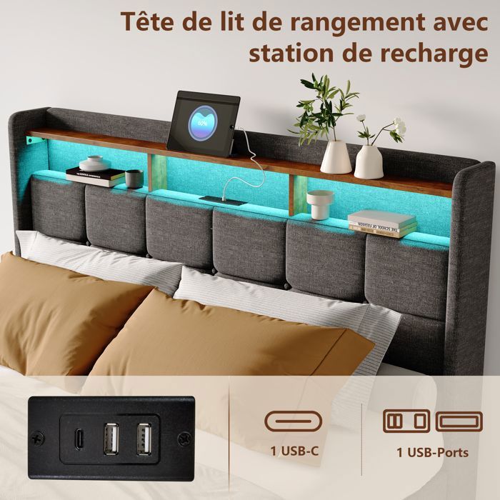 Lit double avec tête de lit LED intégrés sommier 140x190cm bois et métal noir design industriel - DETROIT | ID Market