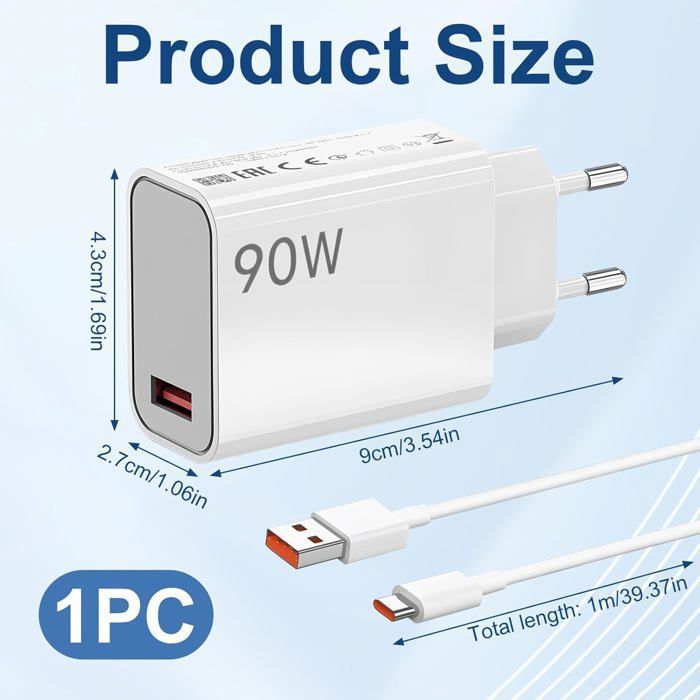 Chargeur Rapide 45W USB-C Pour Xiaomi Redmi Note 14 Pro, 14