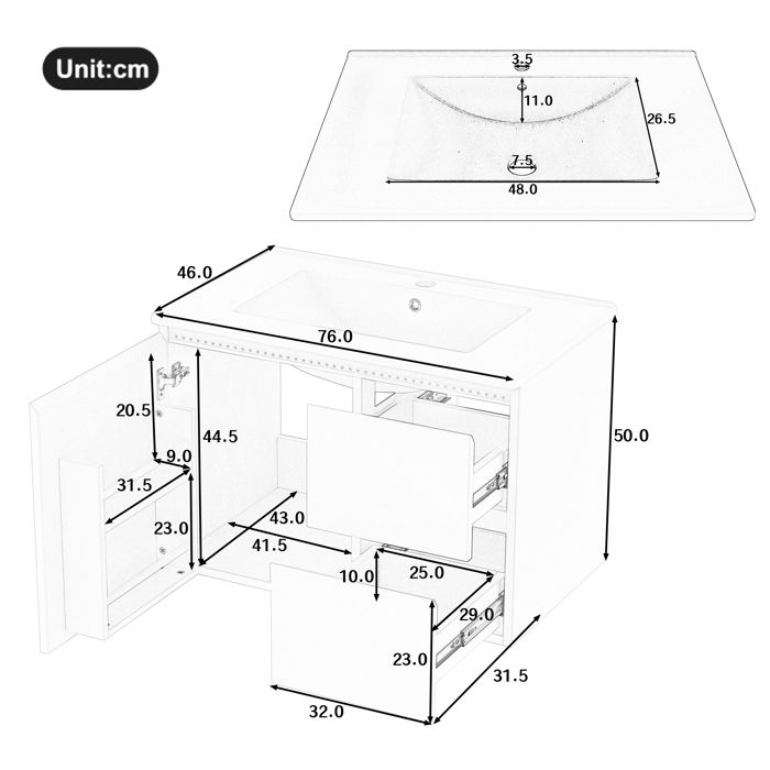 Meuble De Salle De Bain Avec Vasque Intégrée 76x46x87 Cm - Blanc, 1 Porte, 4 Tiroirs, Résistant à L'humidité - 5
