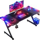 HLONONE LED Bureau Gaming 160 x 60 cm, avec Porte-gobelet et Crochet pour Casque, Table Gaming Noire