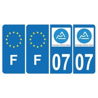 Lot de 4 Autocollants Plaque d'immatriculation Voiture 07 Auvergne Rhône Alpes Version Bis & F Europe