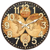 Horloge murale ronde décorative en bois MDF, carte du monde vintage noir et marron, décoration murale rétro élégante, 34 cm