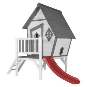 MAISONNETTE EXTÉRIEURE AXI Cabin XL Maison Enfant avec Toboggan rouge | Aire de Jeux pour l'extérieur en gris & blanc | Maisonnette / Cabane de Jeu en Bois