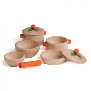 DINETTE - CUISINE Set de cuisine naturel 7 pcs - ERZI - Dinette en bois pour enfants - Couleur Beige et orange - A partir de 3 ans