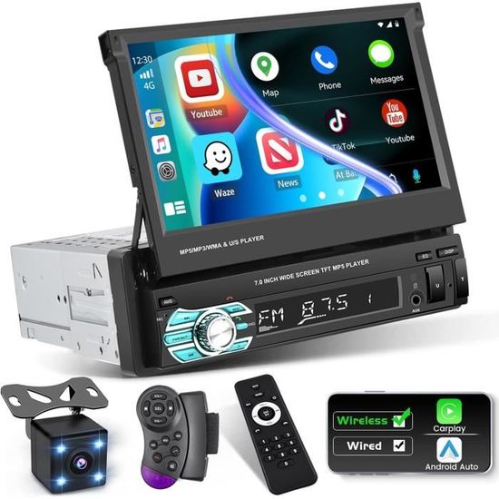 Autoradio 1 DIN Avec écran Tactile 6.36" - CarPlay & Android Auto Sans Fil, Bluetooth, GPS, Caméra De Recul Incluse