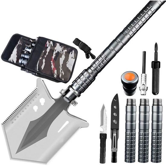 WILDAIR Pelle de camping multifonctionnelle 7 en 1 Multioutil de survie Petite pelle de survie pour le camping Pelle tactique (Noire