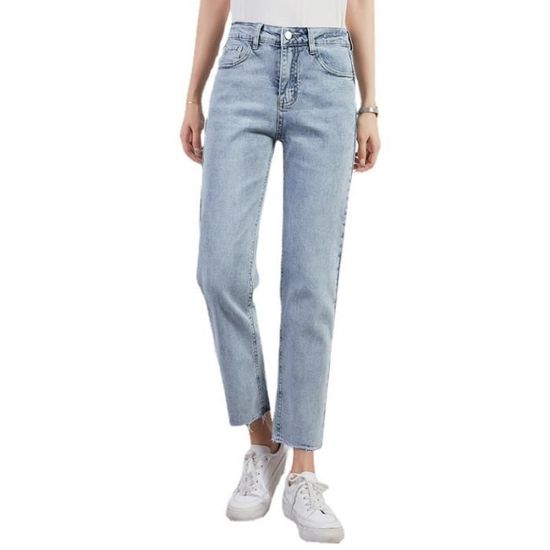 Jean Femme 7 8 Coupe Droite Taille Haute Couleur Unie Blanchir Casual Bleu Cdiscount Pret a Porter