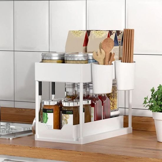 Relaxdays Organiseur Rangement Sous Évier 2 Niveaux Avec 6 Crochets Et 2 Pots - Hauteur Réglable, Blanc