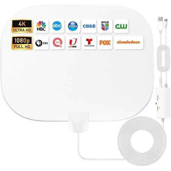 Antenne TV Intérieure Amplifiée 2025 - Portée 600 Km - Pour Chaînes Gratuites HD 1080p/4K - Câble 10 M