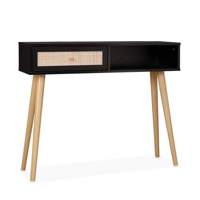 Console en cannage 100x29x81cm - Bohème - Noir. 1 tiroir.1 espace de rangement. pieds scandinaves décor bois. 1 poignée