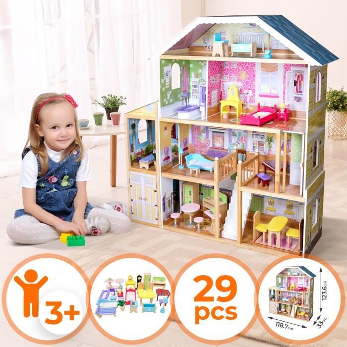 Infantastic® Maison de Poupée en Bois - 118,7x33x123,6 cm, 4 Étages, Meubles et Accessoires, pour Poupée de 30 cm - Maison de Rêve