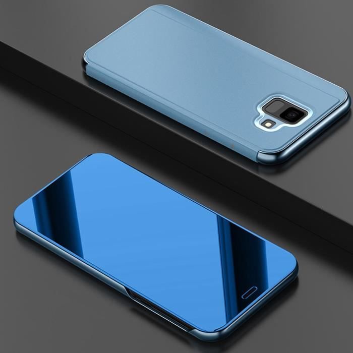 Clear View Housse Etui Samsung Galaxy A6 Plus (2018),Flip Folio Ultra-Mince Translucide Miroir Smart Cover - Bleu