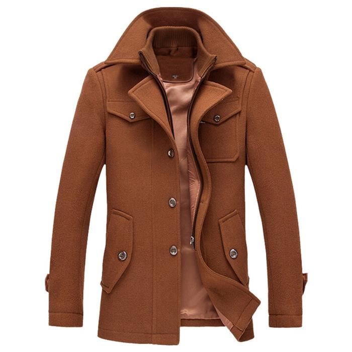 Hommes Caban Trench Laine Casual hommes Manteau Mode d'affaires à long Thicken Slim Jacket Pardessus @café
