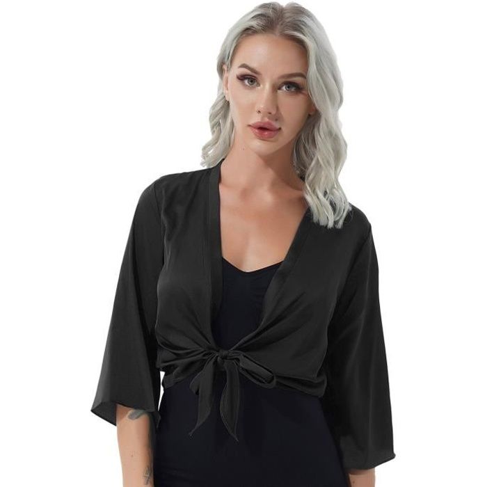 CHICTRY Boléro Femme Cardigan Court en Satin Gilet Manches Longues pour Mariage Soirée M-XXXL Noir