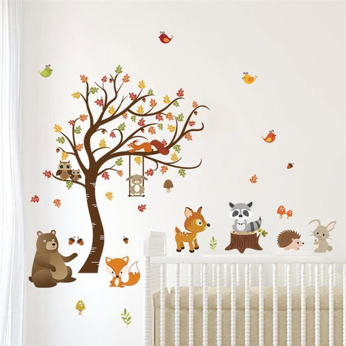Autocollant Mural Grand Arbre Pin Avec Animaux Jungle SHUCHING – Décoration Chambre Enfant, 4 Feuilles 30x90cm