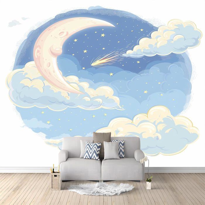 Papier Peint Panoramique 3D Nuages Lune De Dessin Animé 300x210cm ...