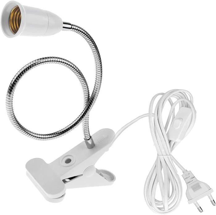 E27 Douille Ampoule à Pince avec Interrupteur Col de Cygne 360 Degrés Clip-Sur Base de Lampe avec 1.8M Câble