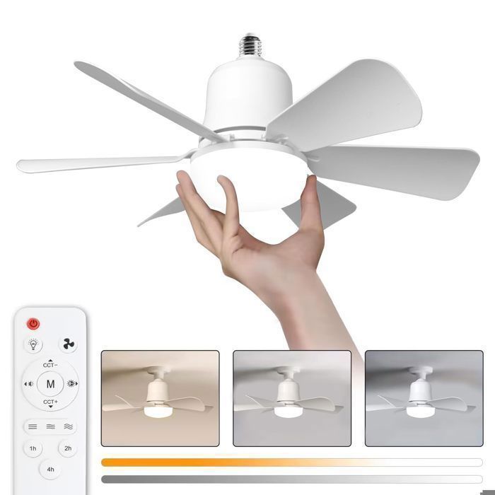 Ventilateur de plafond 30 W culot E27 LED à intensité variable 3 vitesses 6 pales convient pour chambre et salon - Alfoyu